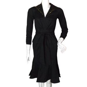 TADASHI SHOJI Dress, 2, Black Taffeta, Jeweled Collar, 3/4 sleeve, Embellished
